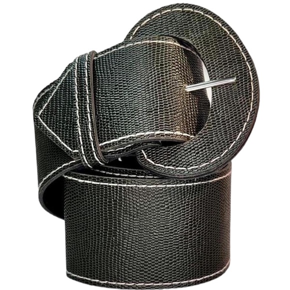 Wide Gray Belt White Stitching Classic Large Buckle - Picture 1 of 8